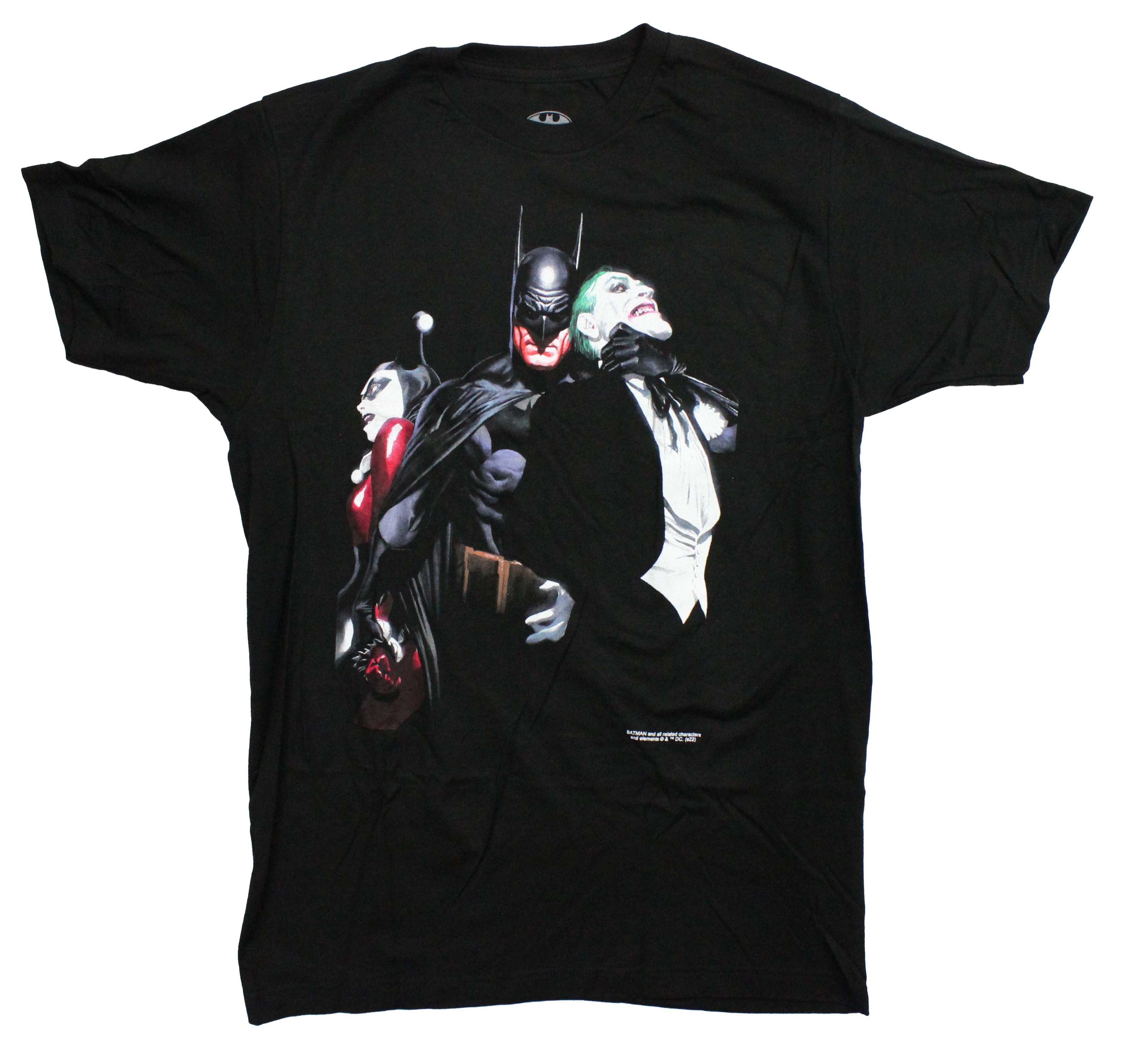 Batman Mens T-Shirt - Choking Joker Holding Back Harley Quinn Ross Art