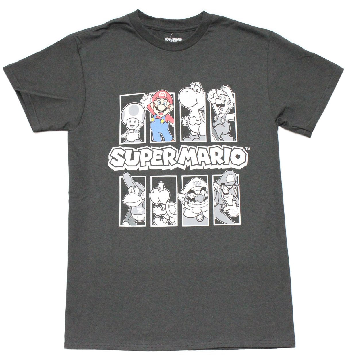 Super Mario Brothers Mens T-shirt -Gray Character Boxes Colorful Mario