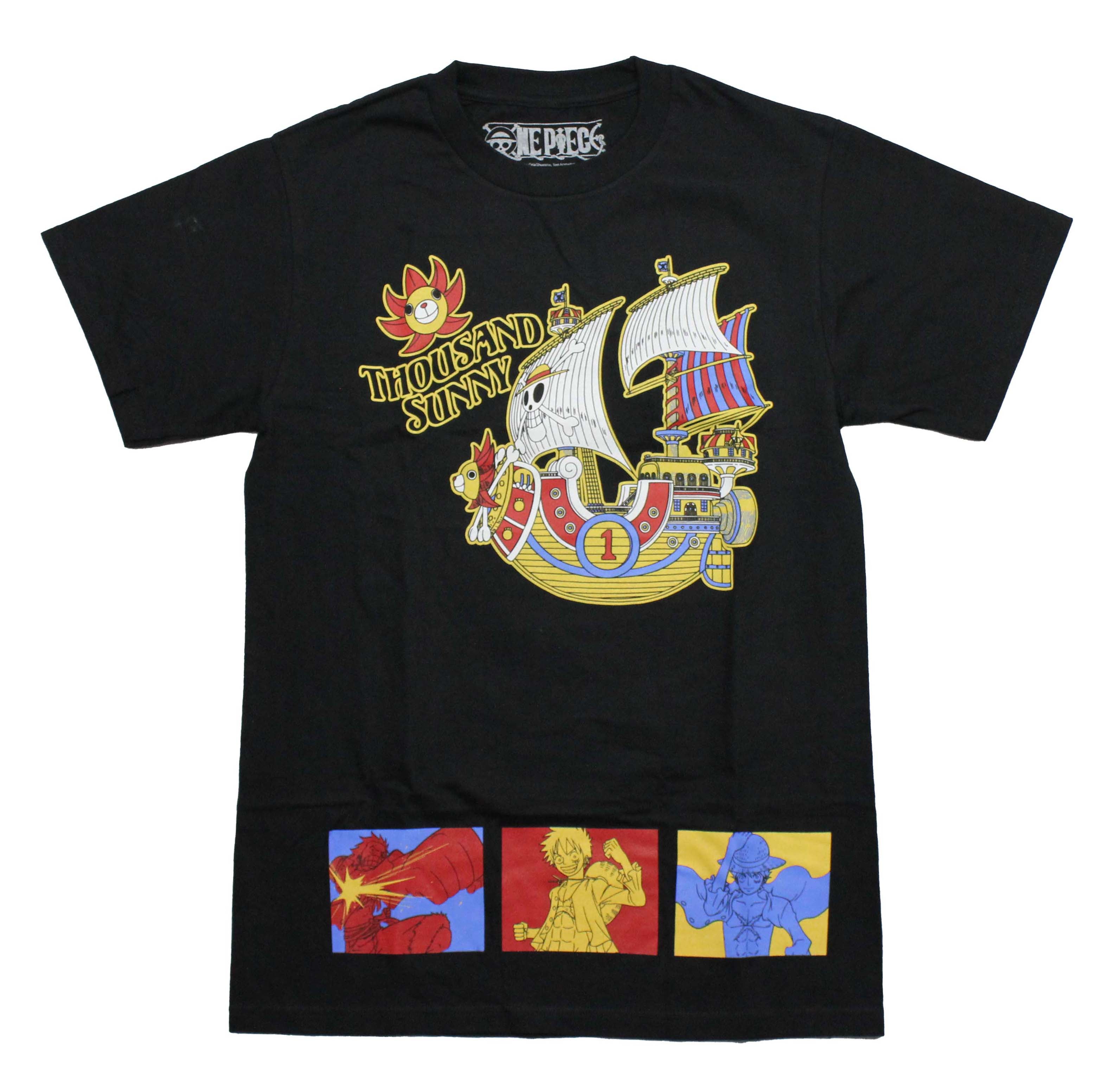 One Piece Mens T-Shirt -Thousand Sunny Ship on Front Straw Hat Crew Back