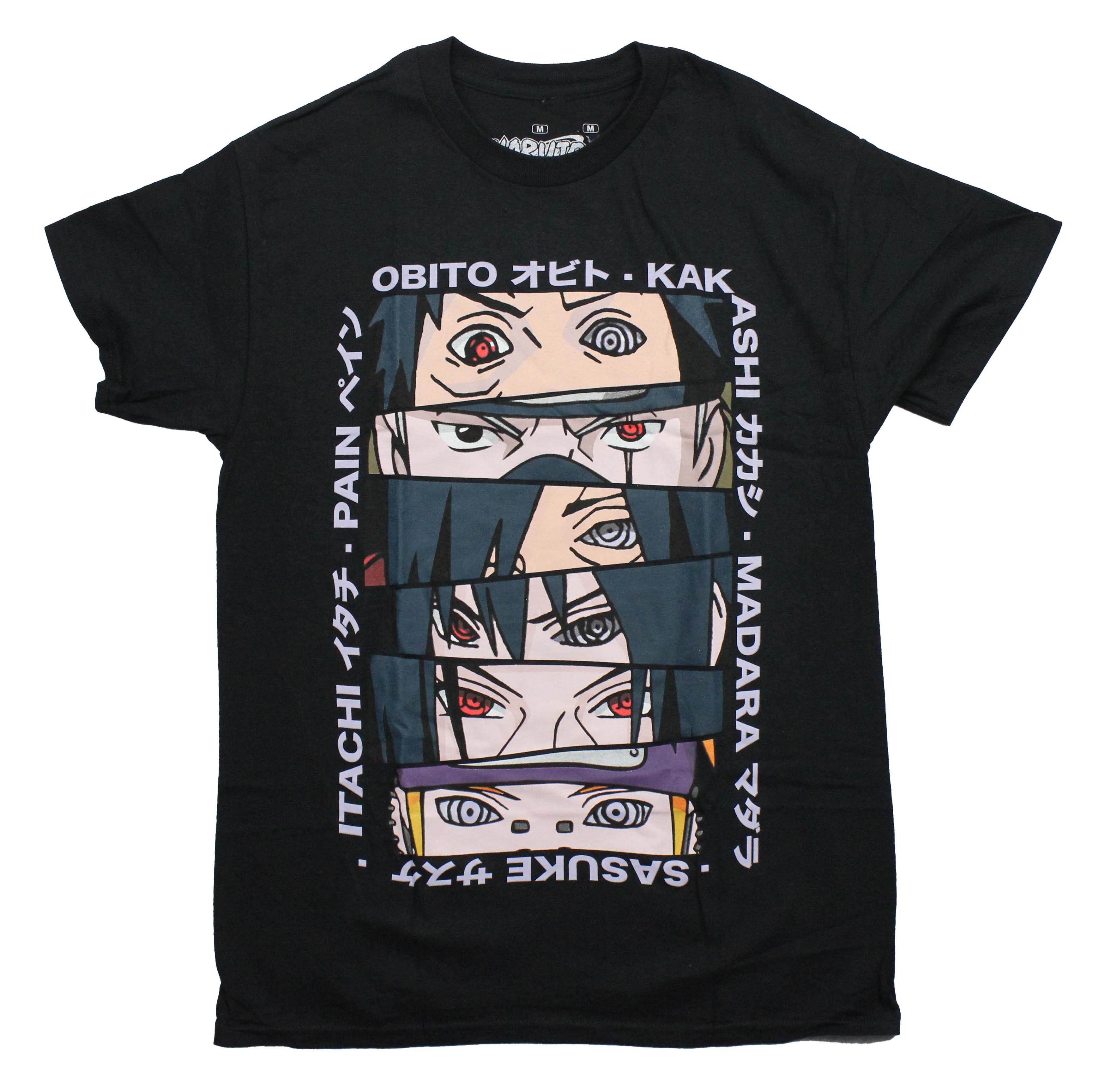 Naruto Shippuden Mens T-Shirt - Eye Images of Uchiha Clan Names in Kanji