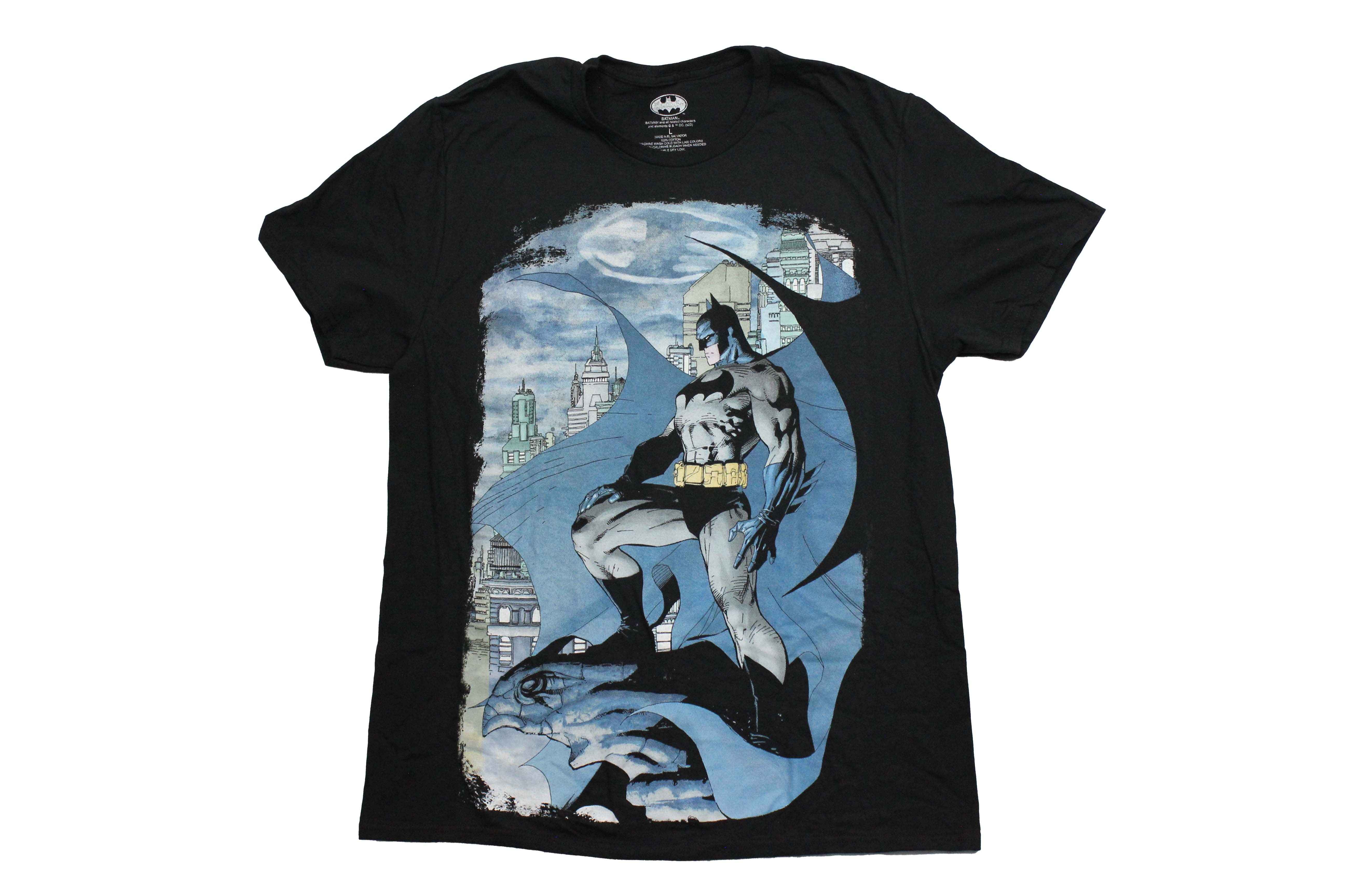 Batman Mens T-Shirt -The Dark Knight Standing on Gargoyle