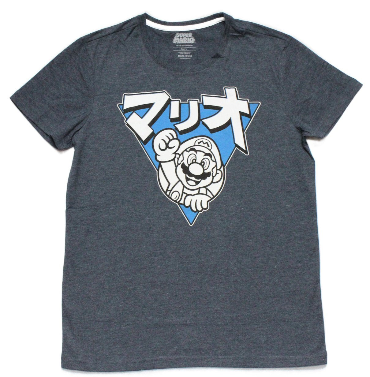 Super Mario Brothers Mens T-shirt - Mario In Blue Kanji Triangle