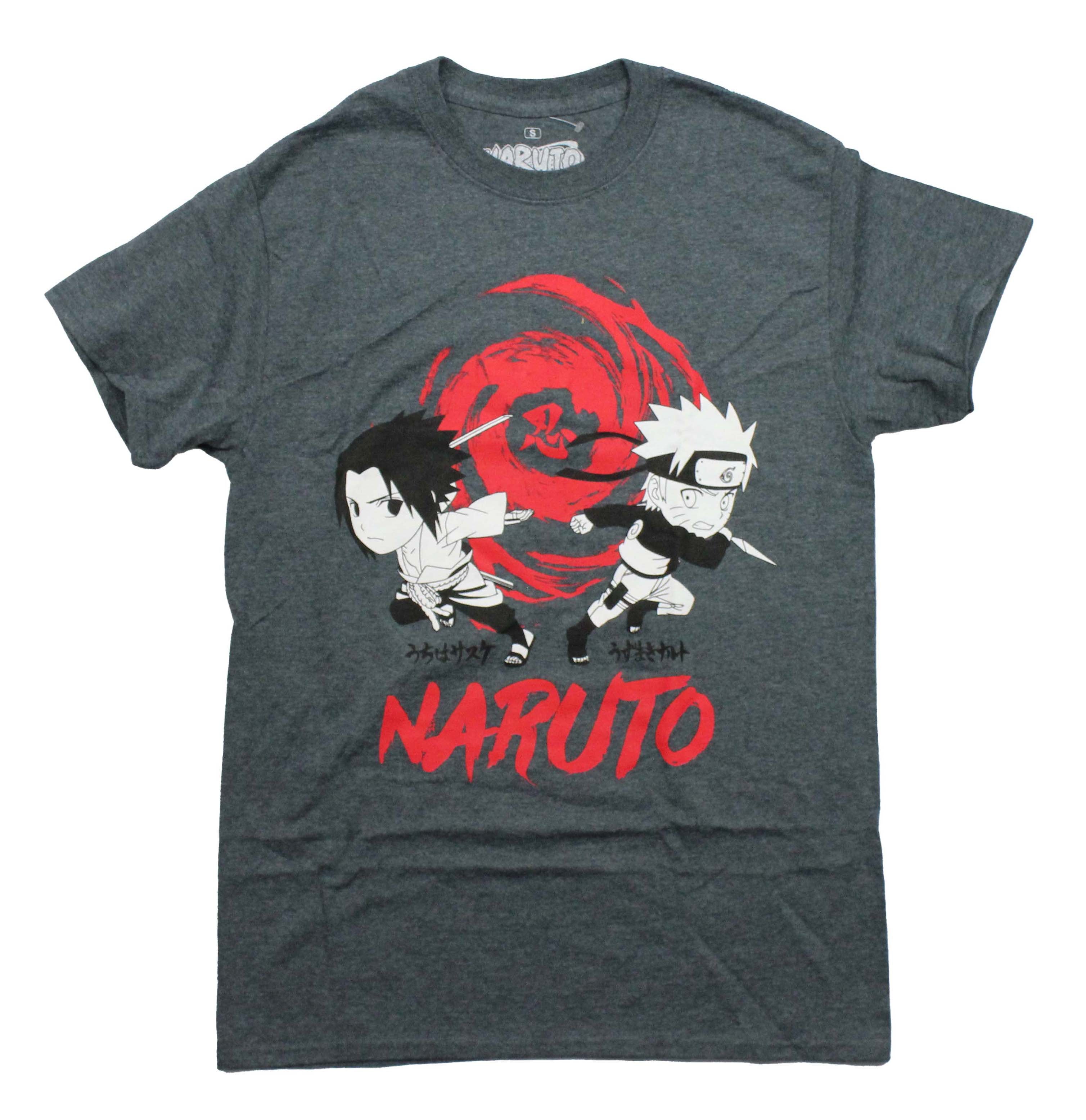 Naruto Shippuden Mens T-Shirt -  Chibis In Front Of Uzumaki Symbol