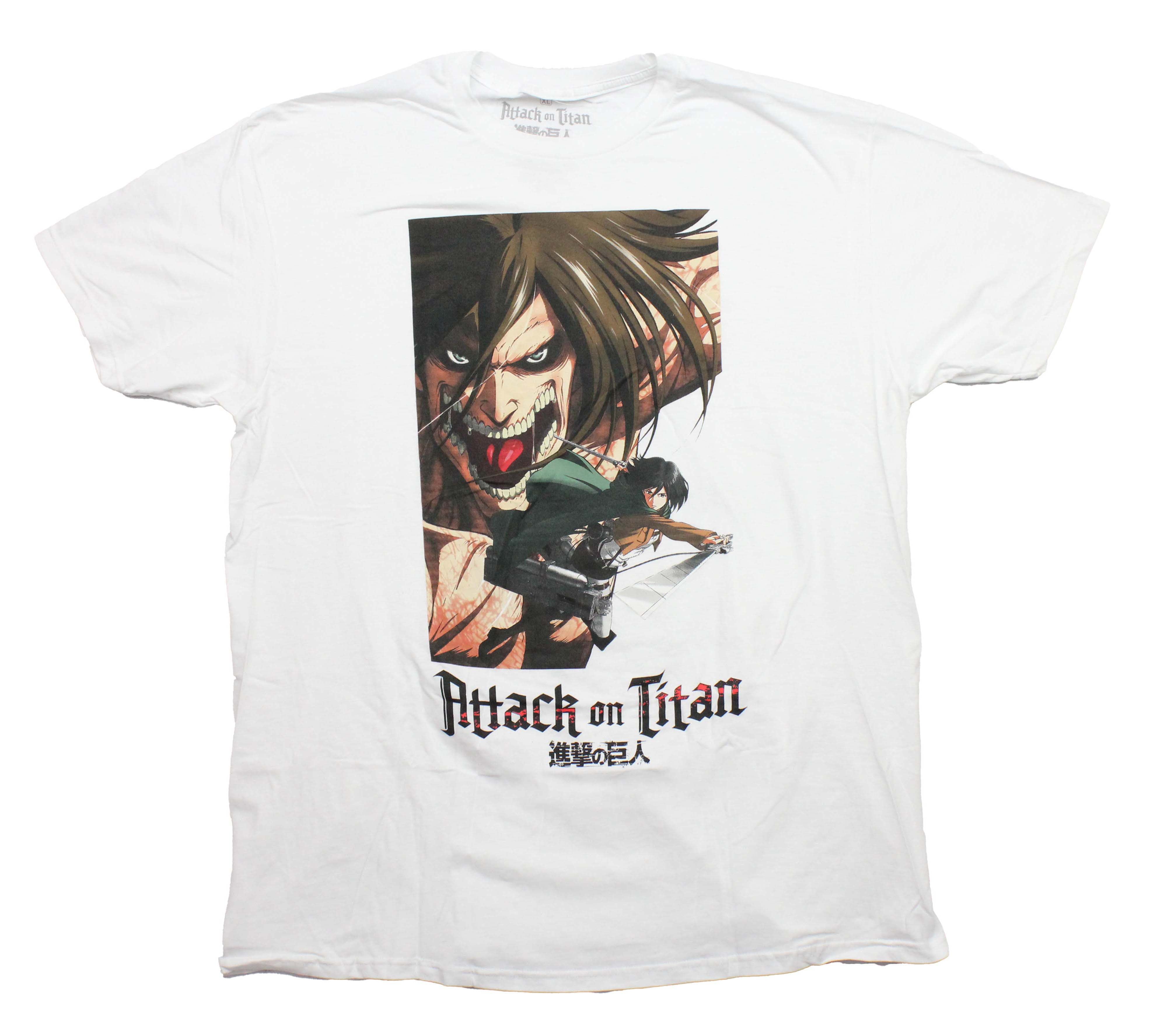 Attack on Titan Mens T-Shirt - Giant Titan Above Female Fighter & Name