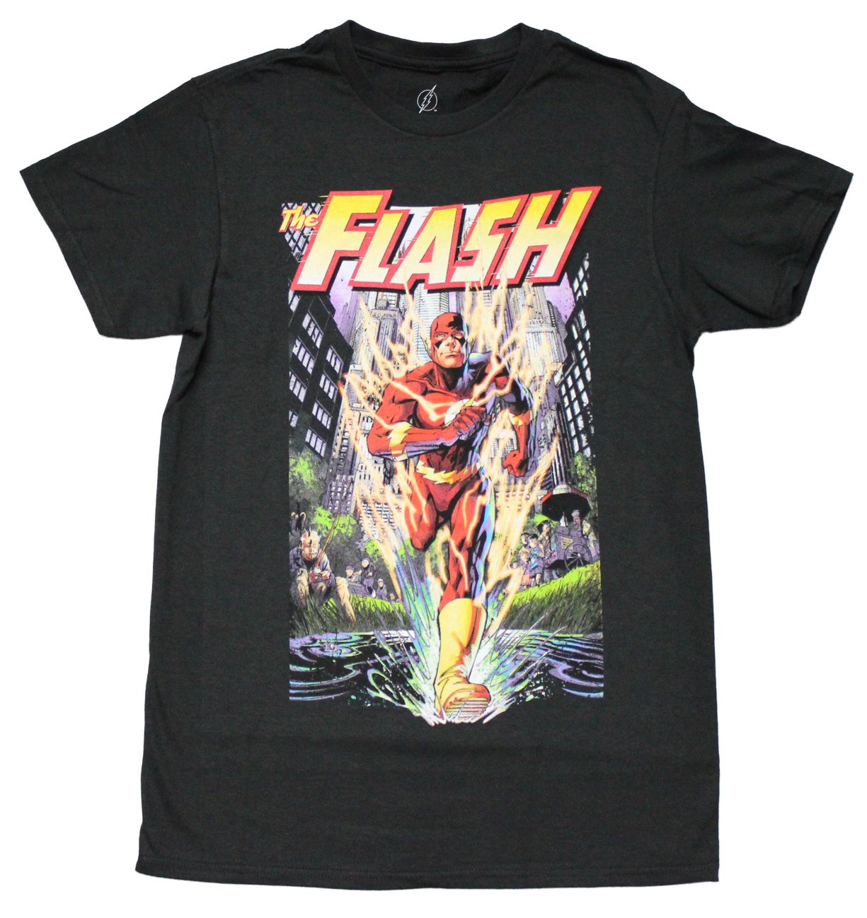 The Flash Mens T-Shirt - Comic Running Through City Past Onlookers