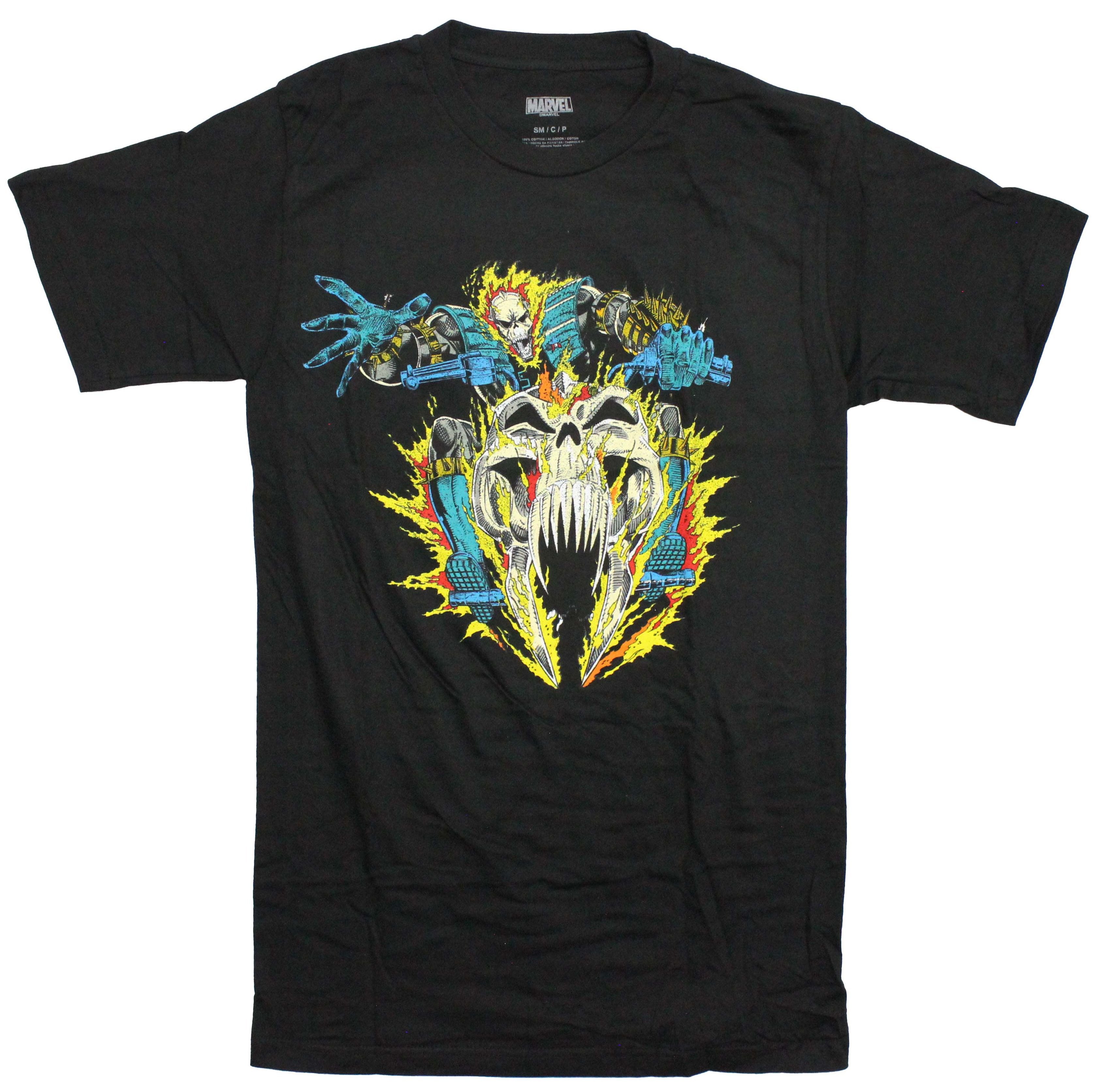 Ghost Rider Mens T-Shirt - Flaming Riding Skull Motorcycle Image