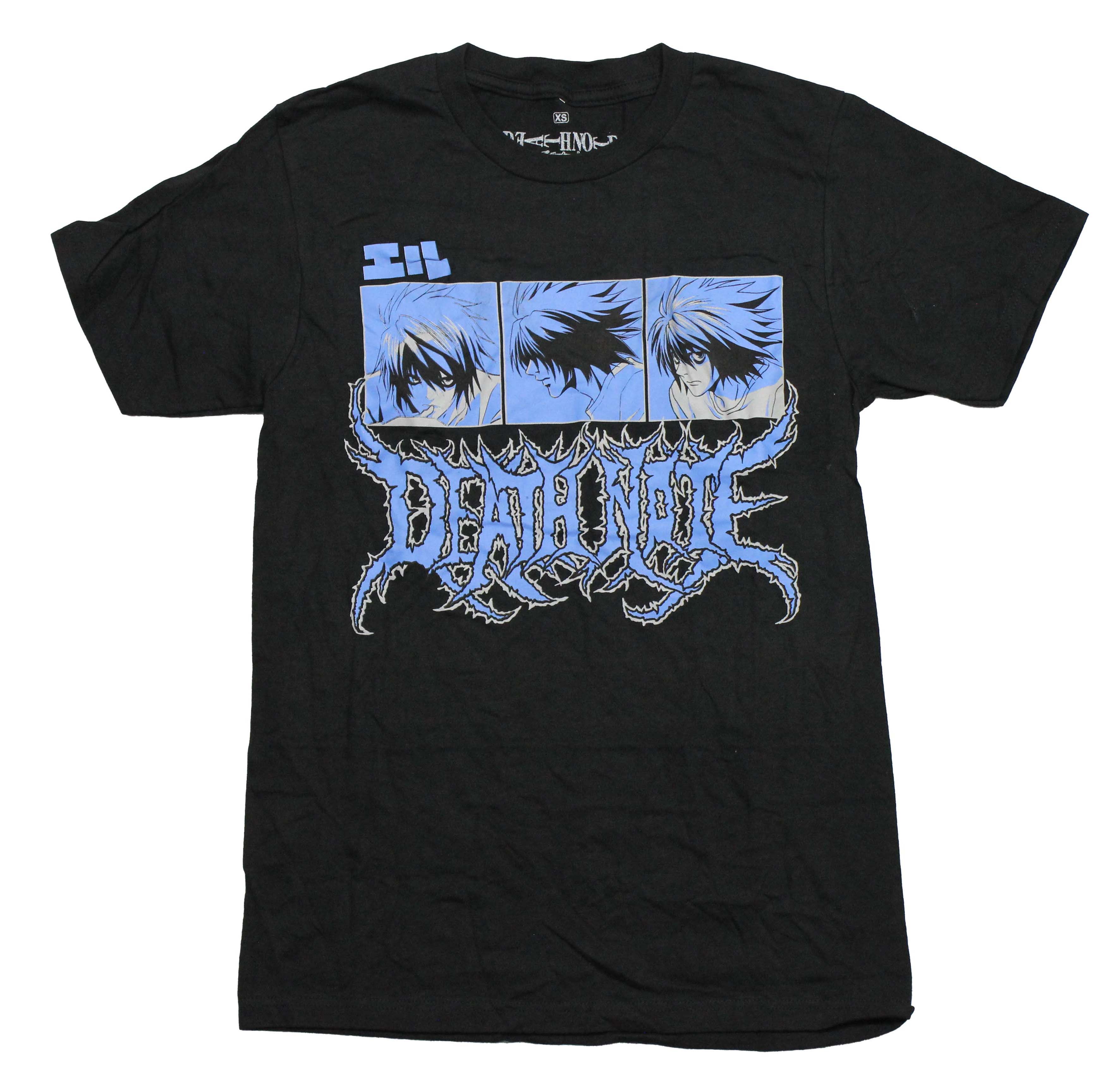 Death Note Mens T-Shirt -  3 Box Blue Images over Bobbed Wired Name