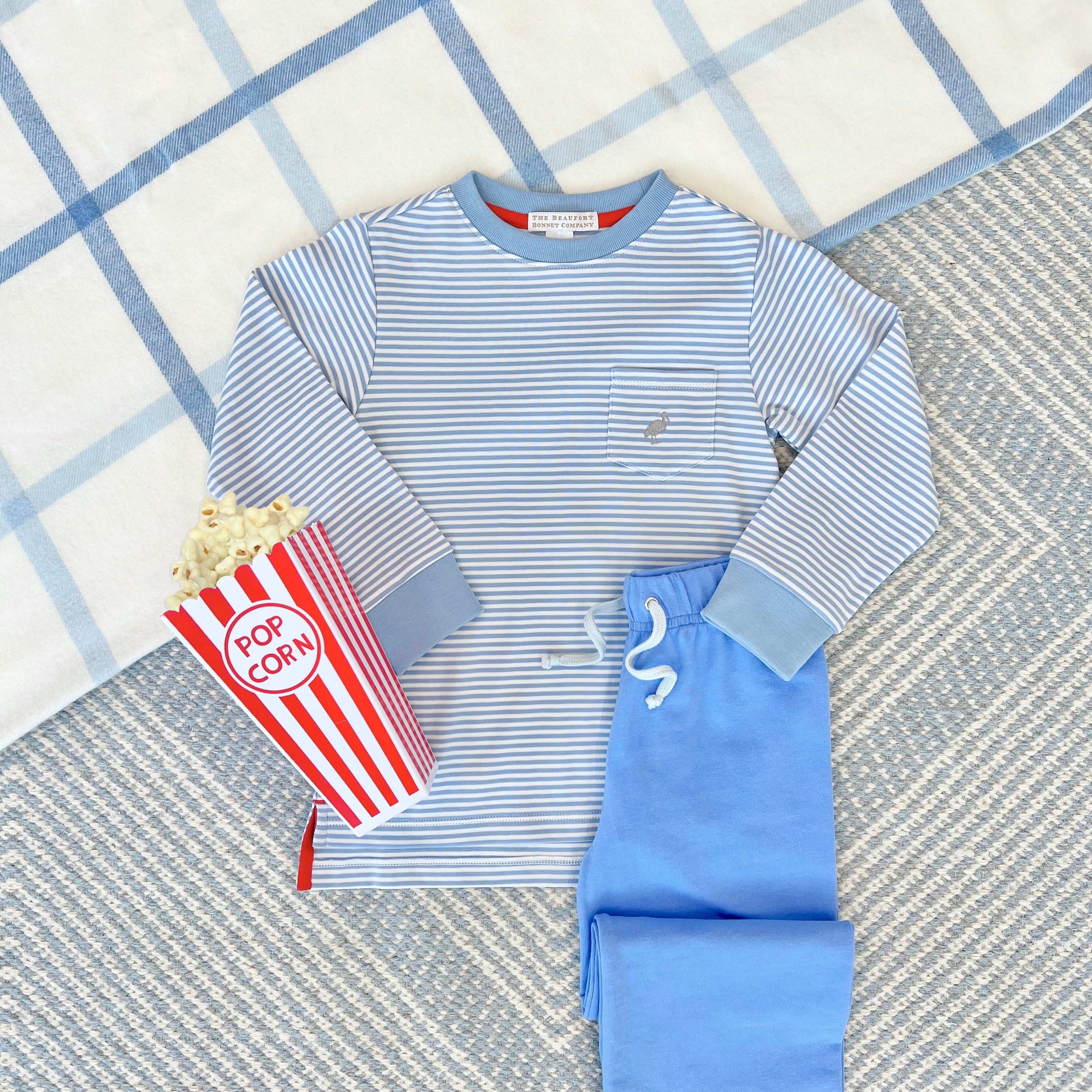 Long Sleeve Carter Crewneck in Barrington Blue Stripe with Grantley Gray Stork