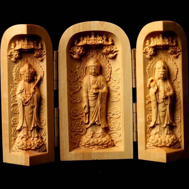 Three Sided Opening Cylinder Carved Wooden Buddha