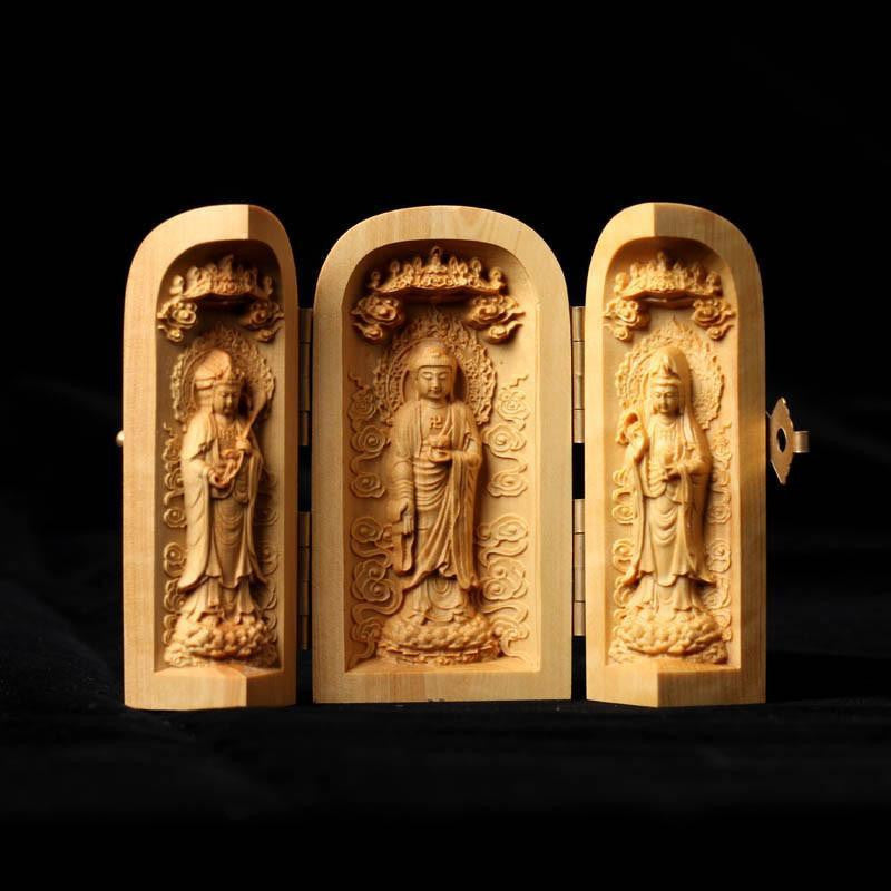 Three Sided Opening Cylinder Carved Wooden Buddha