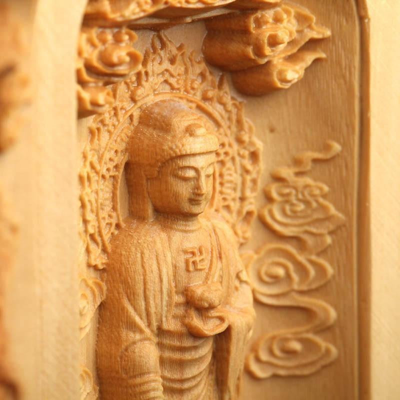 Three Sided Opening Cylinder Carved Wooden Buddha