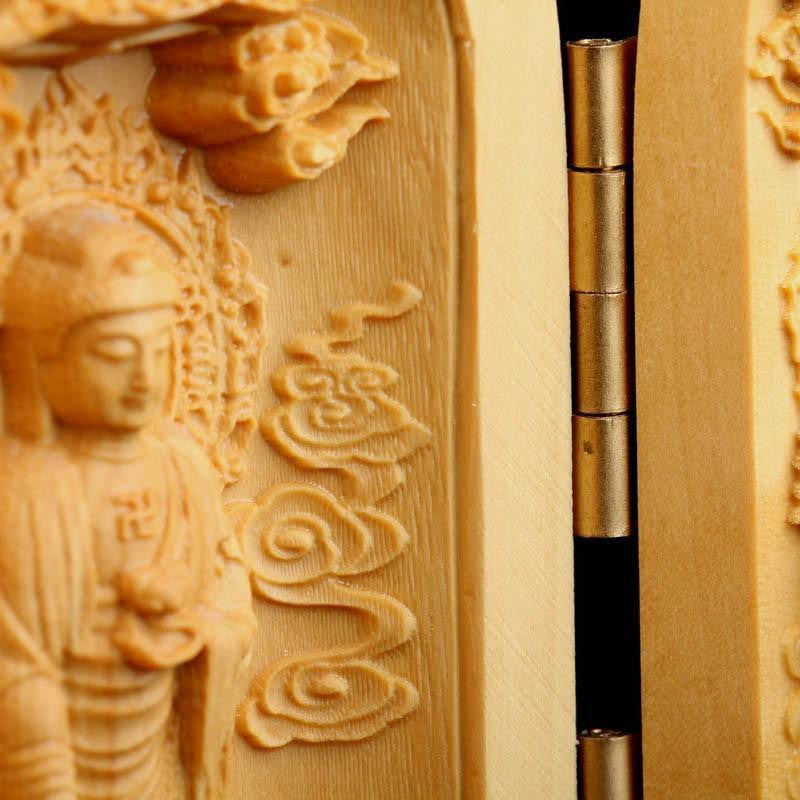 Three Sided Opening Cylinder Carved Wooden Buddha
