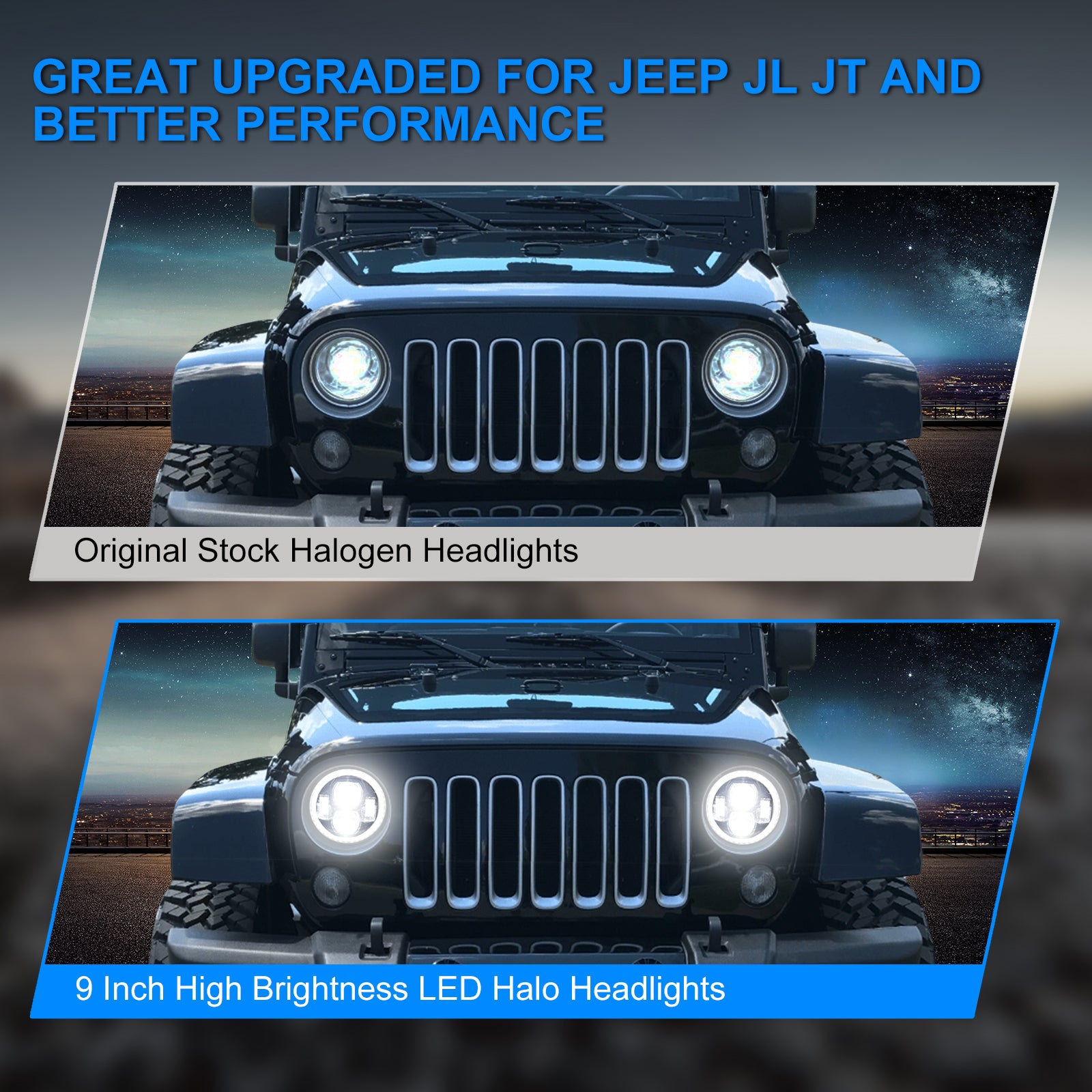 9" Halo LED Headlights With DRL & Amber Turn Signals & LED Halo Fog Lights For 2018+ Jeep Wrangler JL And Gladiator JT