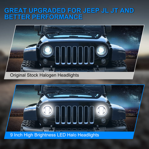 9" Halo LED Headlights with White DRL & Amber Turn Signals For 2018+ Jeep Wrangler JL And Jeep Gladiator JT