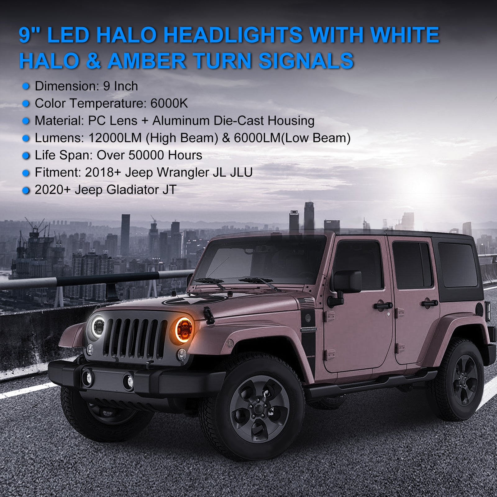 9" Halo LED Headlights With DRL & Amber Turn Signals & LED Halo Fog Lights For 2018+ Jeep Wrangler JL And Gladiator JT