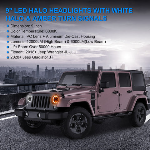 9" Halo LED Headlights with White DRL & Amber Turn Signals For 2018+ Jeep Wrangler JL And Jeep Gladiator JT