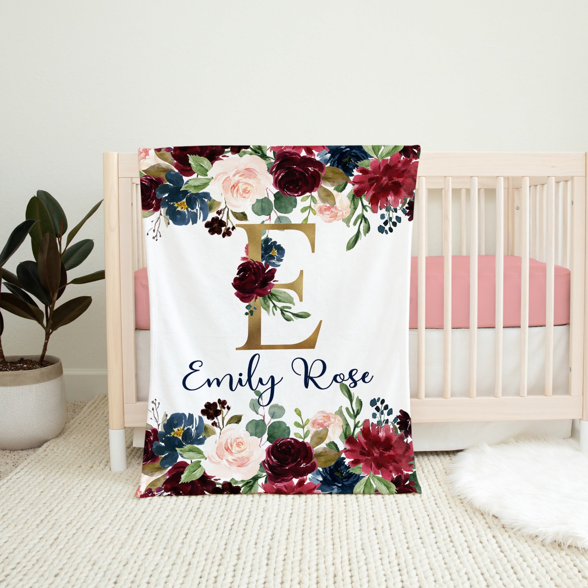 Burgundy Red Blush Pink Navy Blue Floral Girl Nursery Collection -Crib Sheet,14x14 Throw Pillow, 30x40 Minky Blanket, 3(8x10) Wall Art