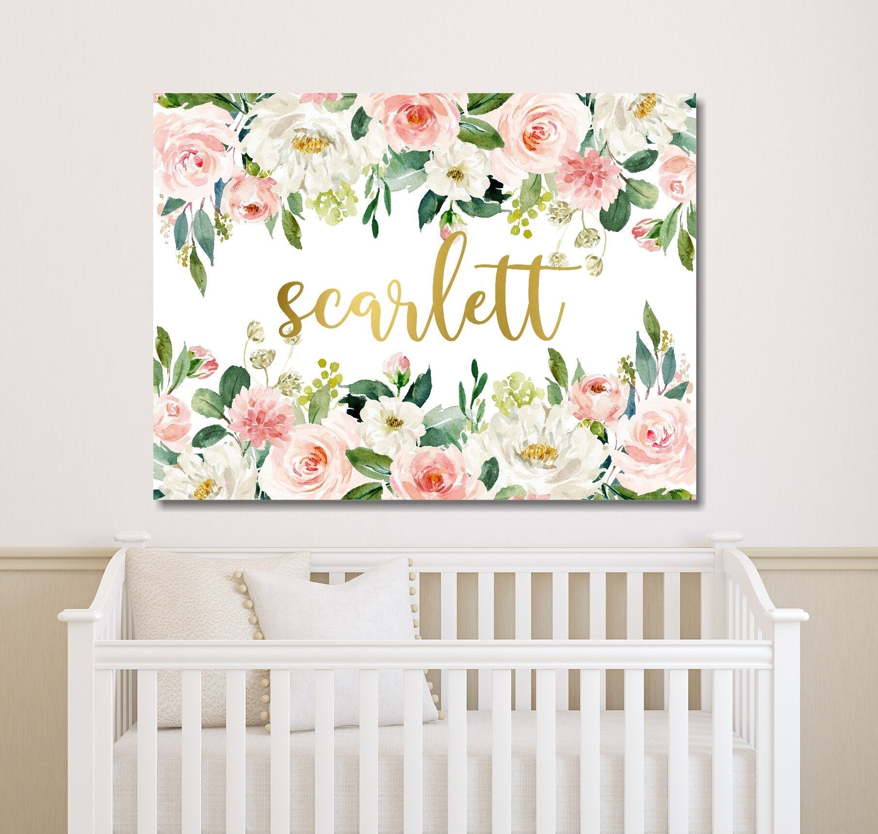 Floral Girl Nursery Name Sign Wall Art Blush Pink Gold Coral Flowers  Bedroom Decor Monogram Personalized Baby Shower Gift CANVAS C859
