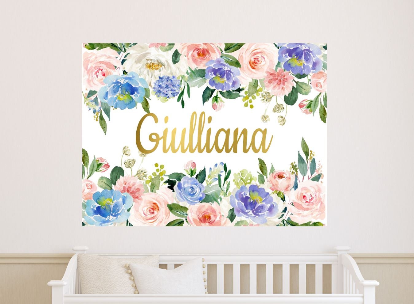 Floral Girl Nursery Name Sign Wall Art Blush Pink Purple Blue Watercolor Flowers  Bedroom Decor Personalized Baby Shower Gift CANVAS C942