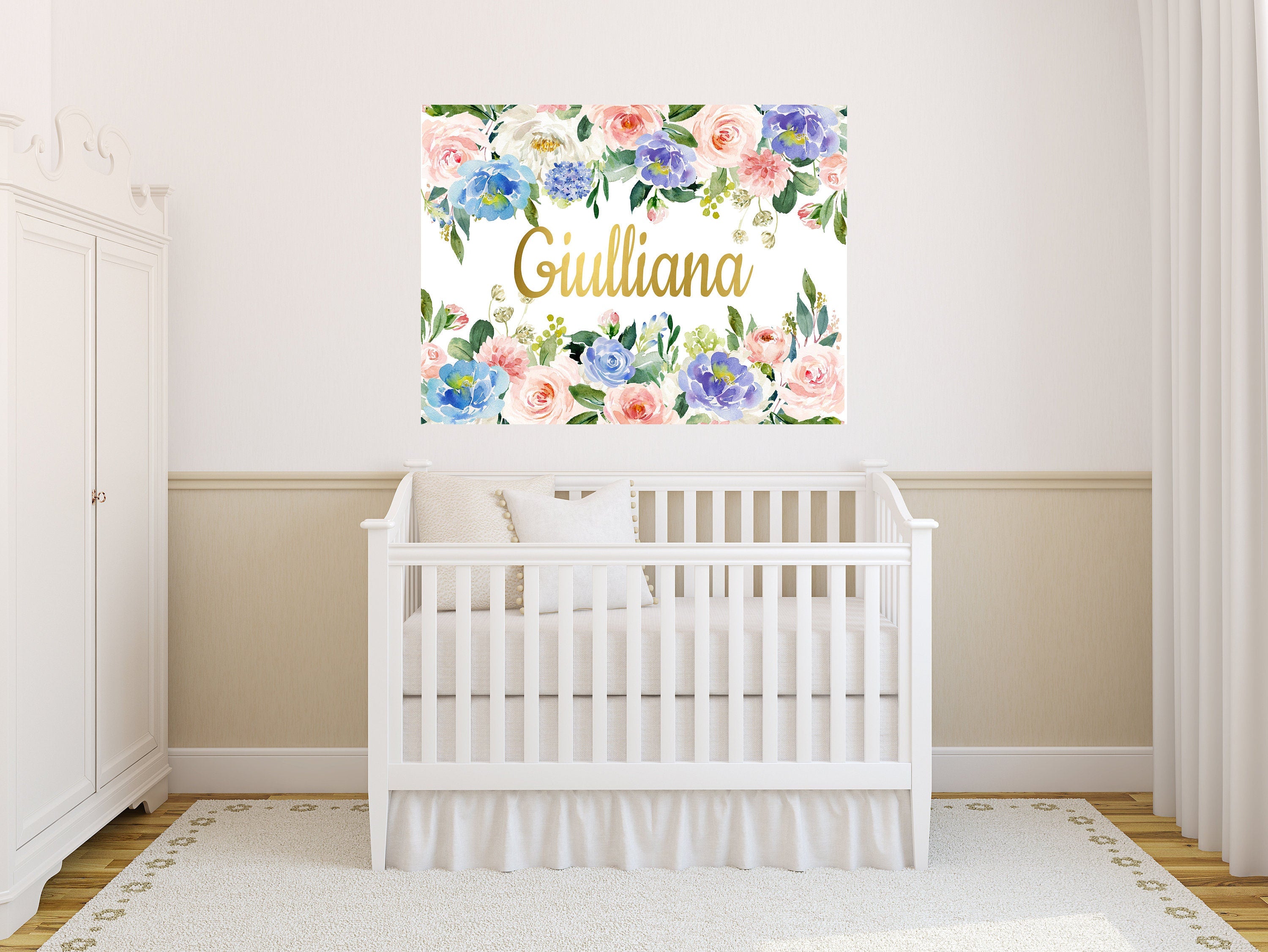 Floral Girl Nursery Name Sign Wall Art Blush Pink Purple Blue Watercolor Flowers  Bedroom Decor Personalized Baby Shower Gift CANVAS C942