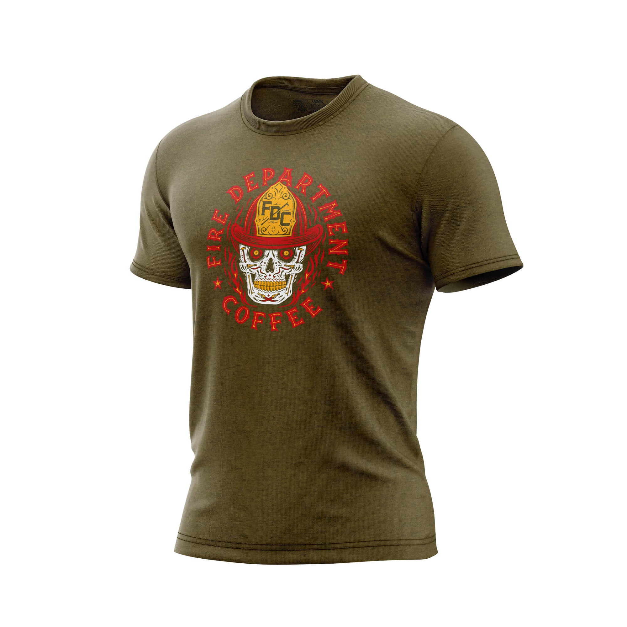 A military green t-shirt with a skull design on the front and text that reads FIRE DEPARTMENT COFFEE