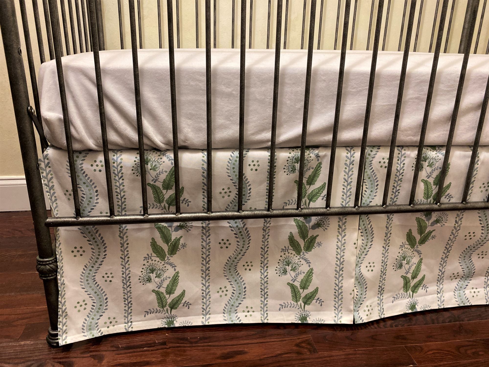 Tailored, Pleated Crib Skirt in Stripes and Vines Designer Fabric, Choose Your Color