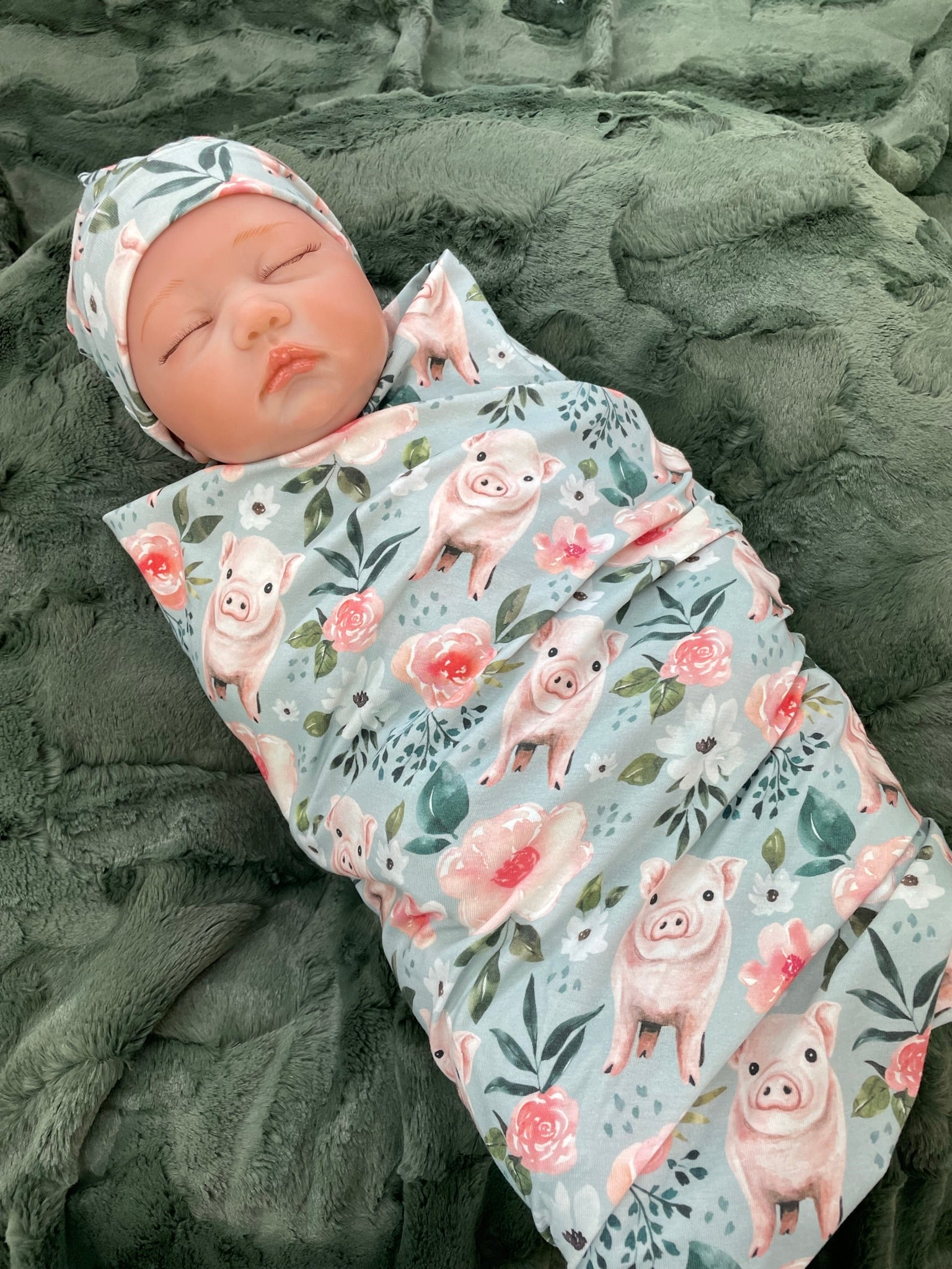 Floral and Pigs Swaddle Blanket and Knot Hat Set, Headband Bow