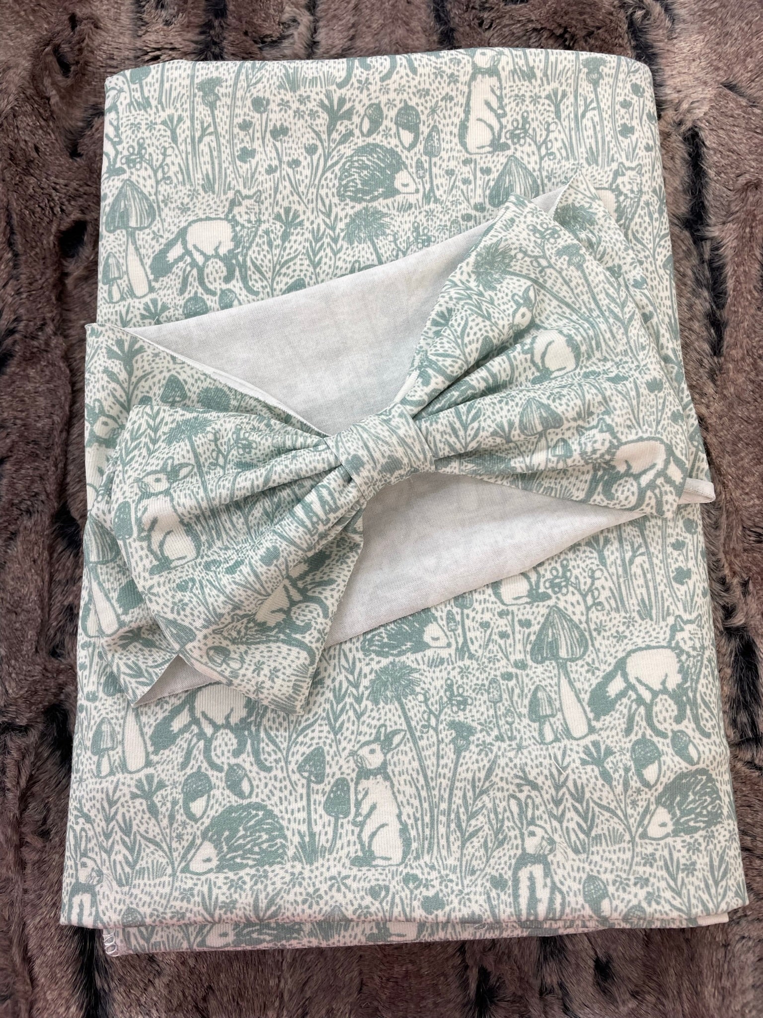 Newborn Woodland Toile Swaddle Blanket and Knot Hat Set, Headband Bow