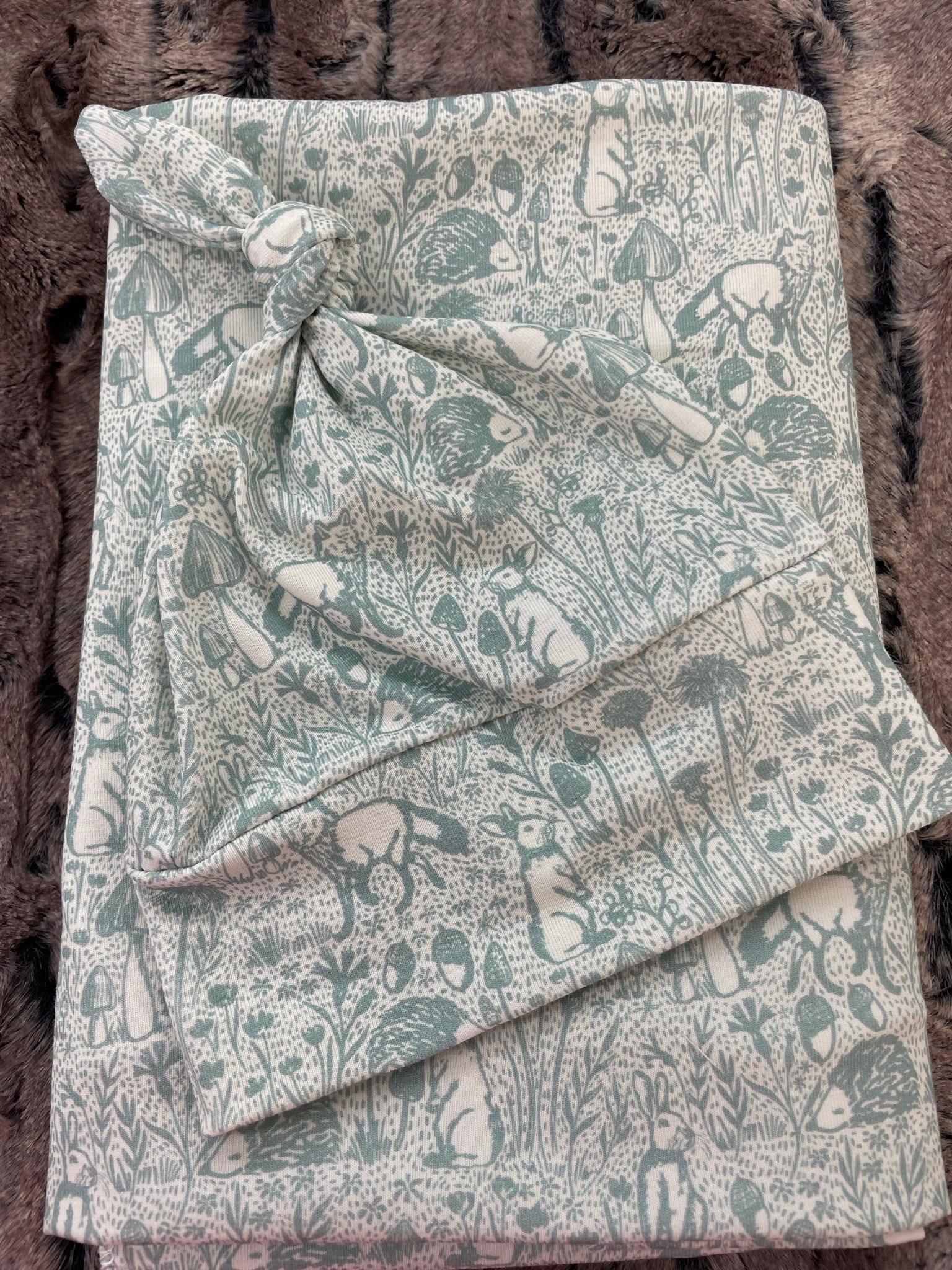 Newborn Woodland Toile Swaddle Blanket and Knot Hat Set, Headband Bow