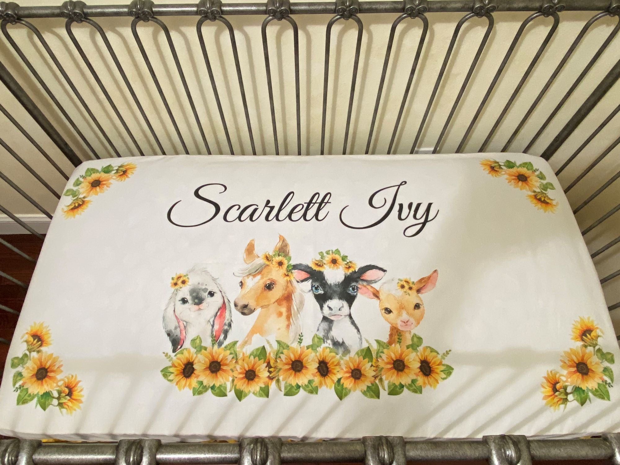 Baby Girl Personalized Crib Sheet - Baby Farm Animals with Sunflowers Cotton Crib Sheet