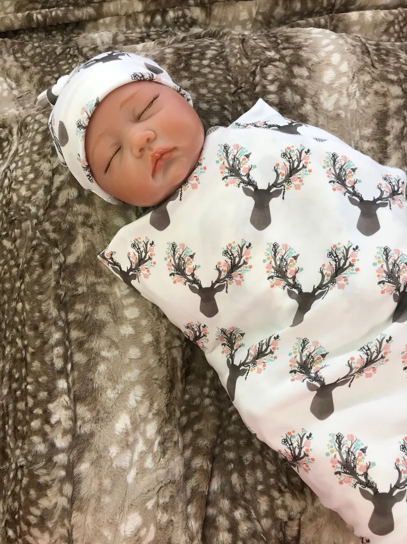 Floral Deer Stag And Tulip Infant Swaddle Blanket