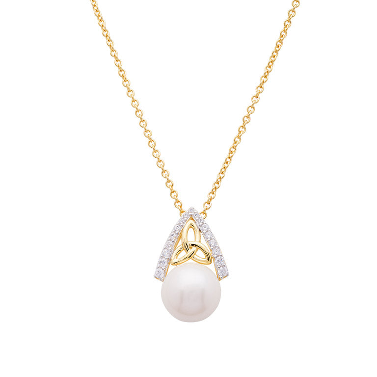 14KT Gold Vermeil Trinity Knot Pearl Pendant Studded with White Cubic Zirconias