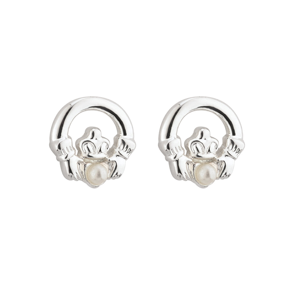 Rhodium Plated Pearl Claddagh Earrings