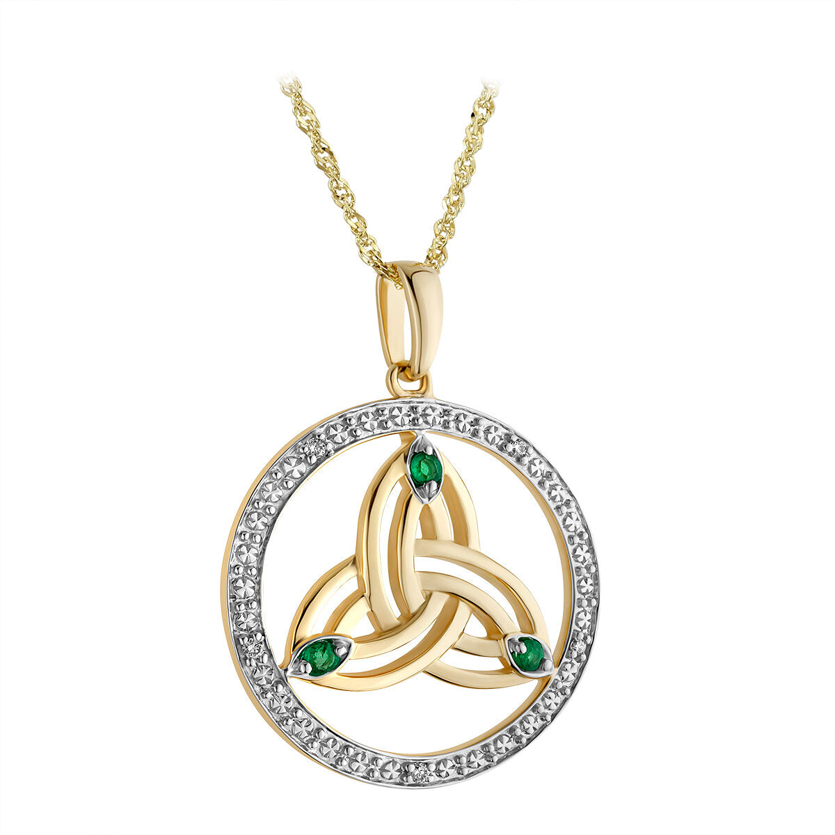 14k Gold Emerald Round Trinity Knot Necklace