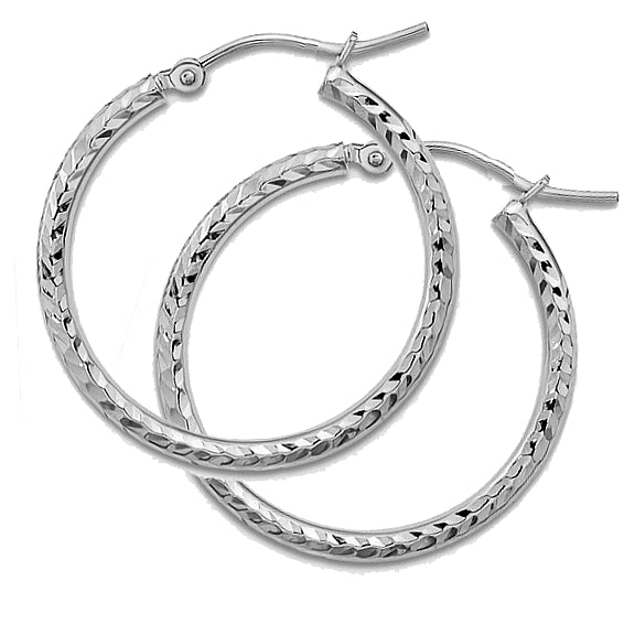 Diamond Cut, White 10k Gold, Sparkling Hoop Earrings