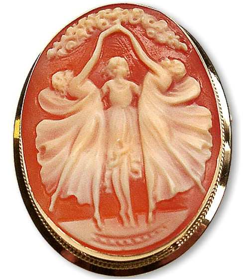Three Graces Hand Carved Shell Cameo Brooch-Pendant in 14k Gold