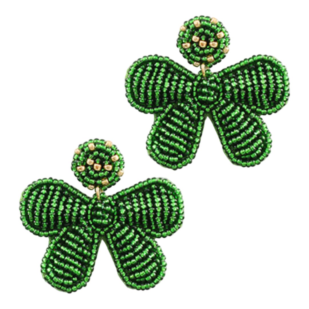 Festive Beaded Bow Earrings | Green