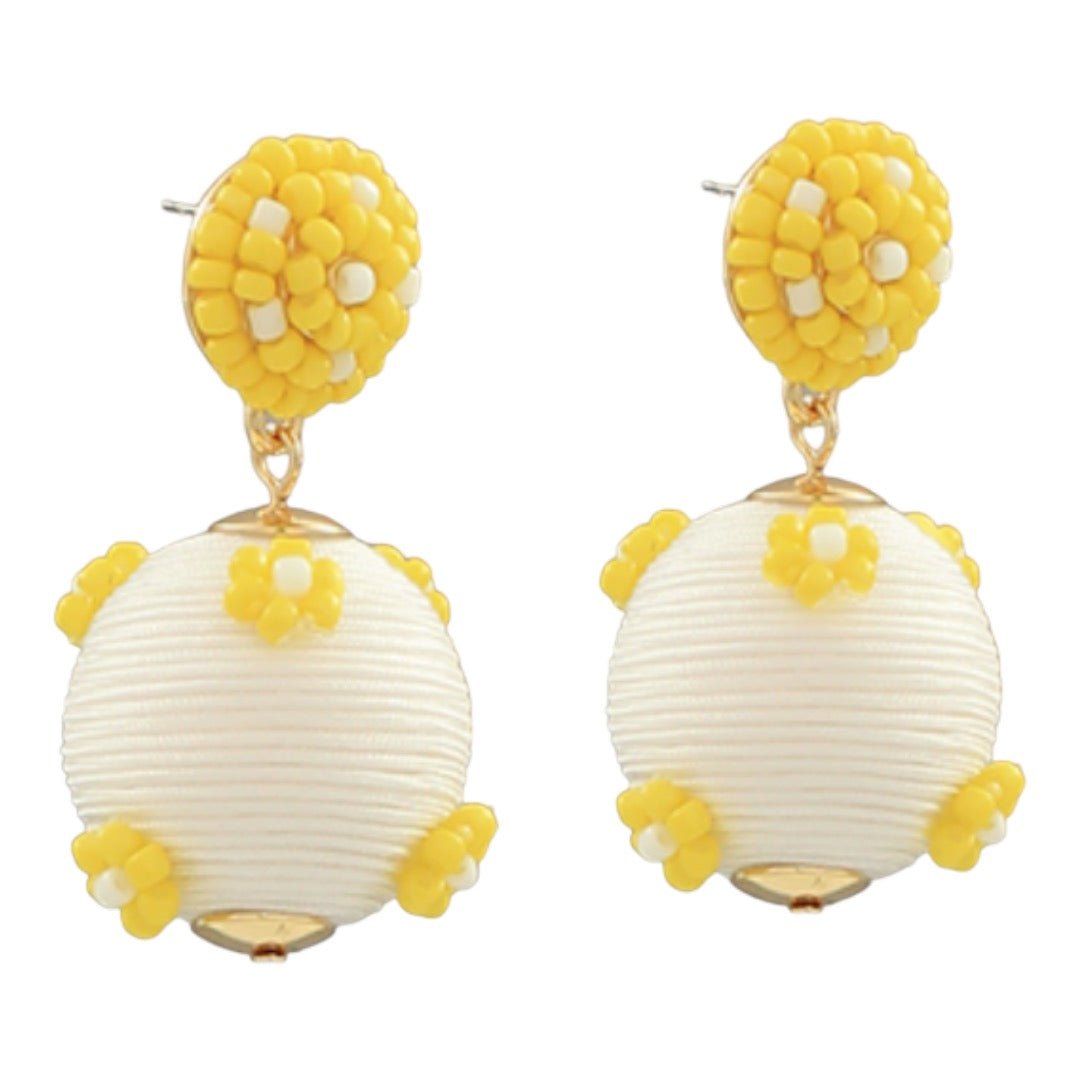 Seed Bead Flower & Ball Drop Earrings | White & Yellow