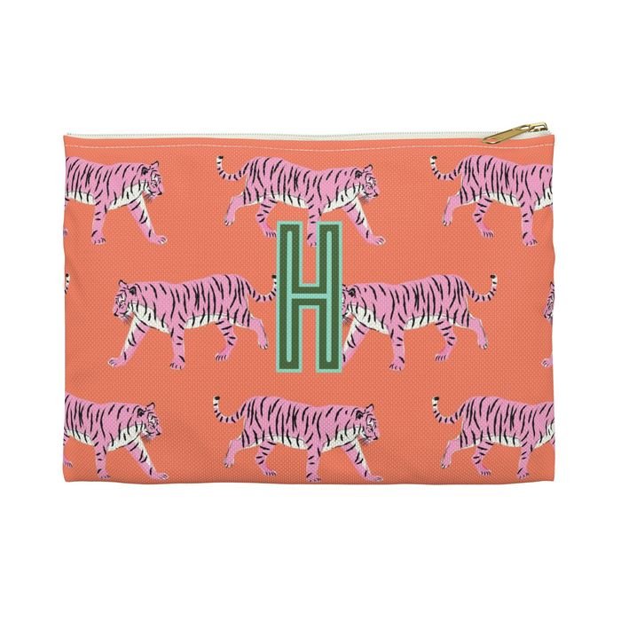 Tiger Pink & Orange Small Flat Single Initial Zip Pouch