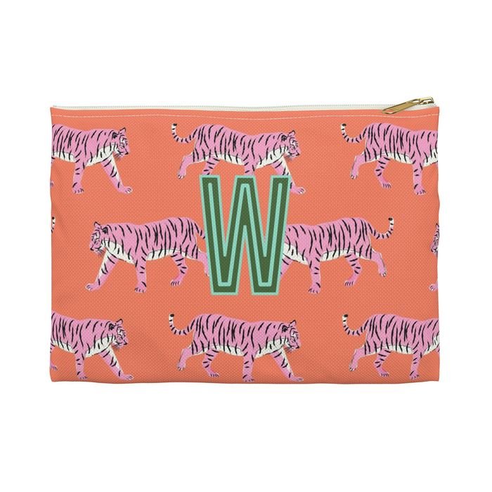 Tiger Pink & Orange Small Flat Single Initial Zip Pouch