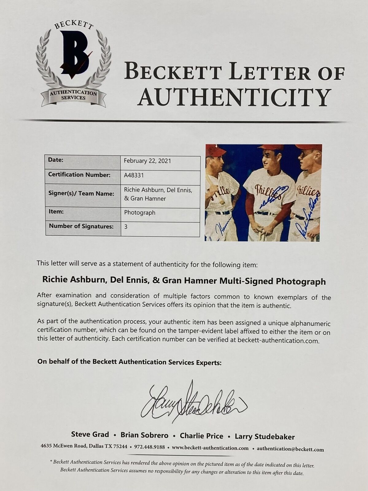 Ashburn Ennis Hamner Signed Framed 8x10 Philadelphia Phillies Photo BAS