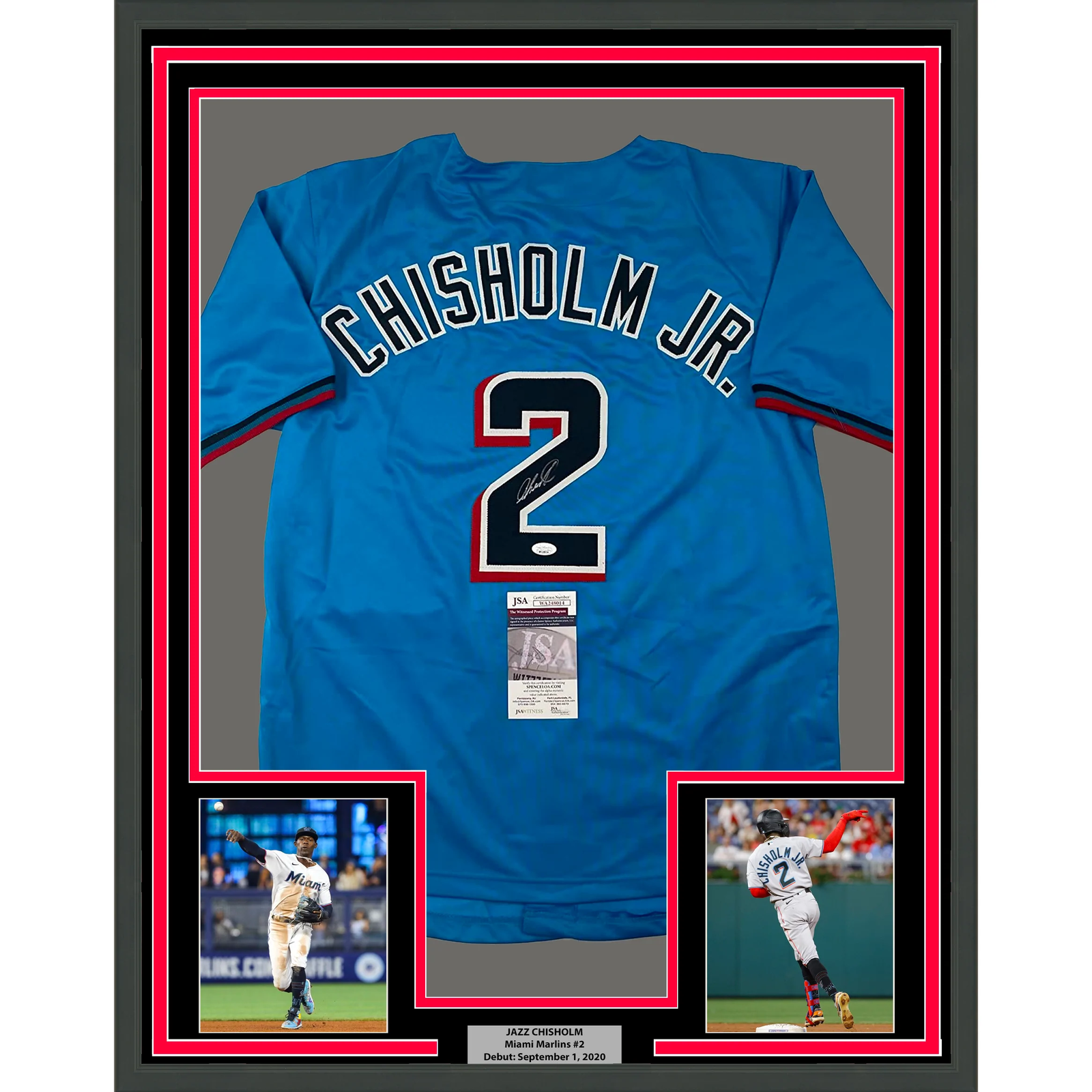 Framed Autographed/Signed Jazz Chisholm Jr. 16x20 Miami Blue Jersey JSA COA