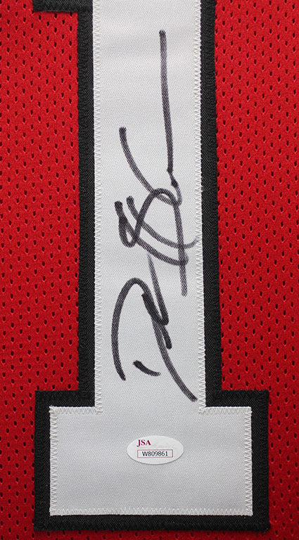 Deion Sanders Autographed and Framed Red Falcons Jersey Auto JSA COA D9-L