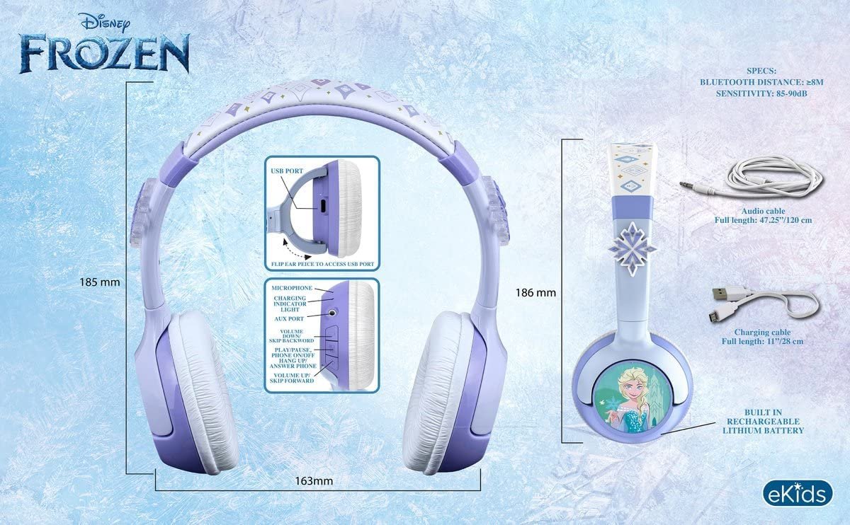eKids Frozen Kids Bluetooth Headphones, Wireless Headphones with Microphone Includes Aux Cord, Volume Reduced Kids Foldable Headphones for School, Home, or Travel