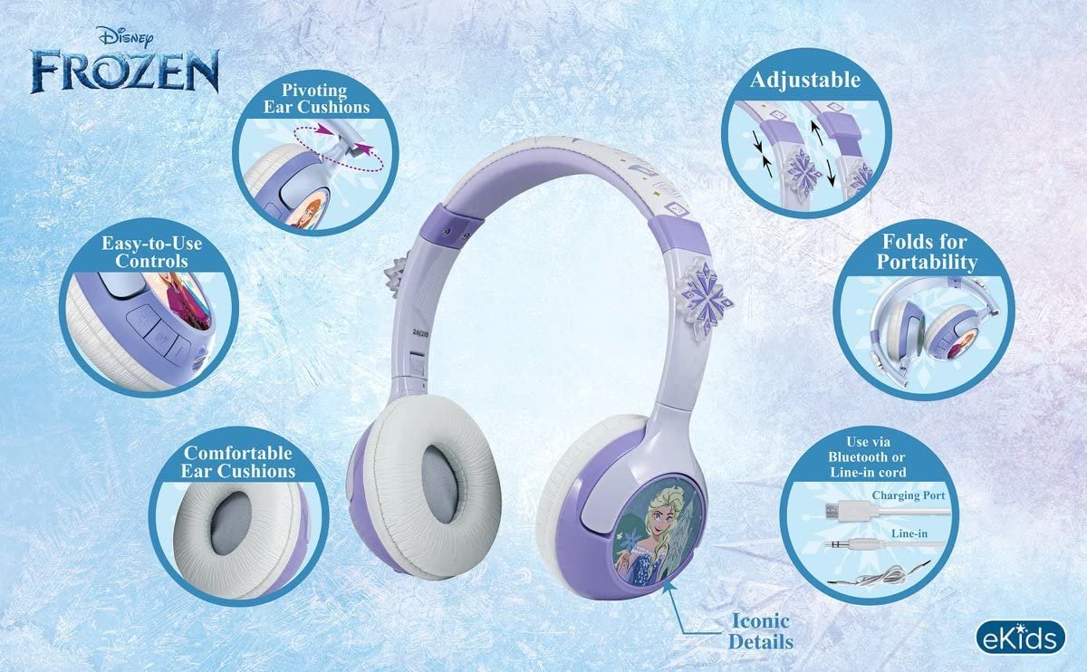 eKids Frozen Kids Bluetooth Headphones, Wireless Headphones with Microphone Includes Aux Cord, Volume Reduced Kids Foldable Headphones for School, Home, or Travel