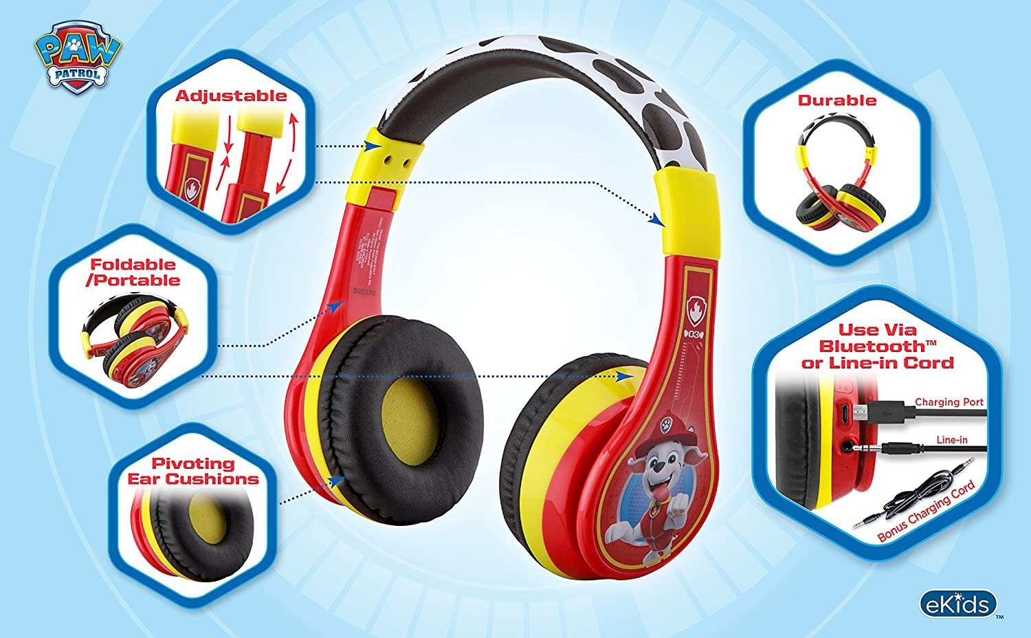 Paw Patrol Kids Bluetooth Headphones, Wireless Headphones with Microphone Includes Aux Cord, Volume Reduced Kids Foldable Headphones for School, Home, or Travel