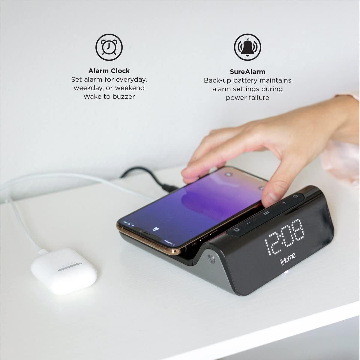 iHome 3-in-1 Magnetic Fast Wireless Charging Clock for Magsafe Enabled Devices, USB-C and USB-A Charging, 25W Total Power Output, Fast Wireless Charing Clock (iW23)