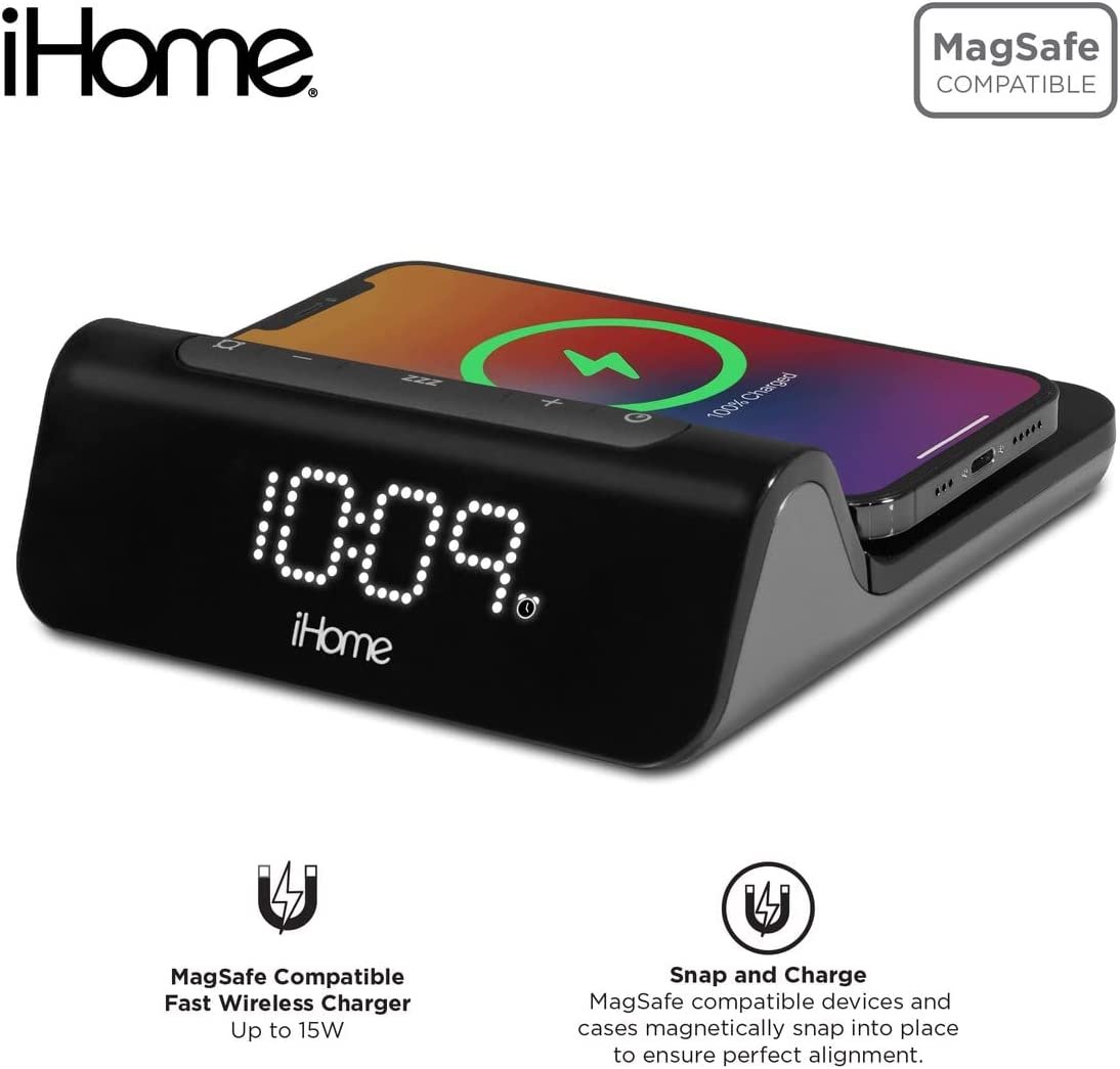 iHome 3-in-1 Magnetic Fast Wireless Charging Clock for Magsafe Enabled Devices, USB-C and USB-A Charging, 25W Total Power Output, Fast Wireless Charing Clock (iW23)