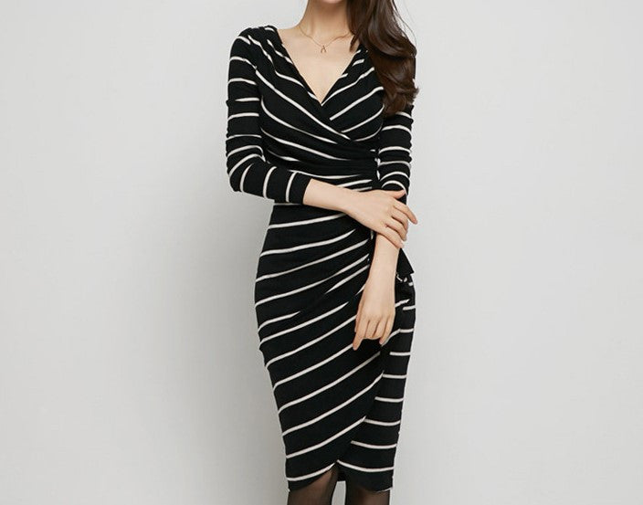Striped V-Neck Long Sleeve Dress