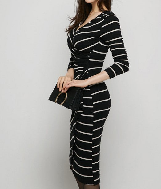 Striped V-Neck Long Sleeve Dress